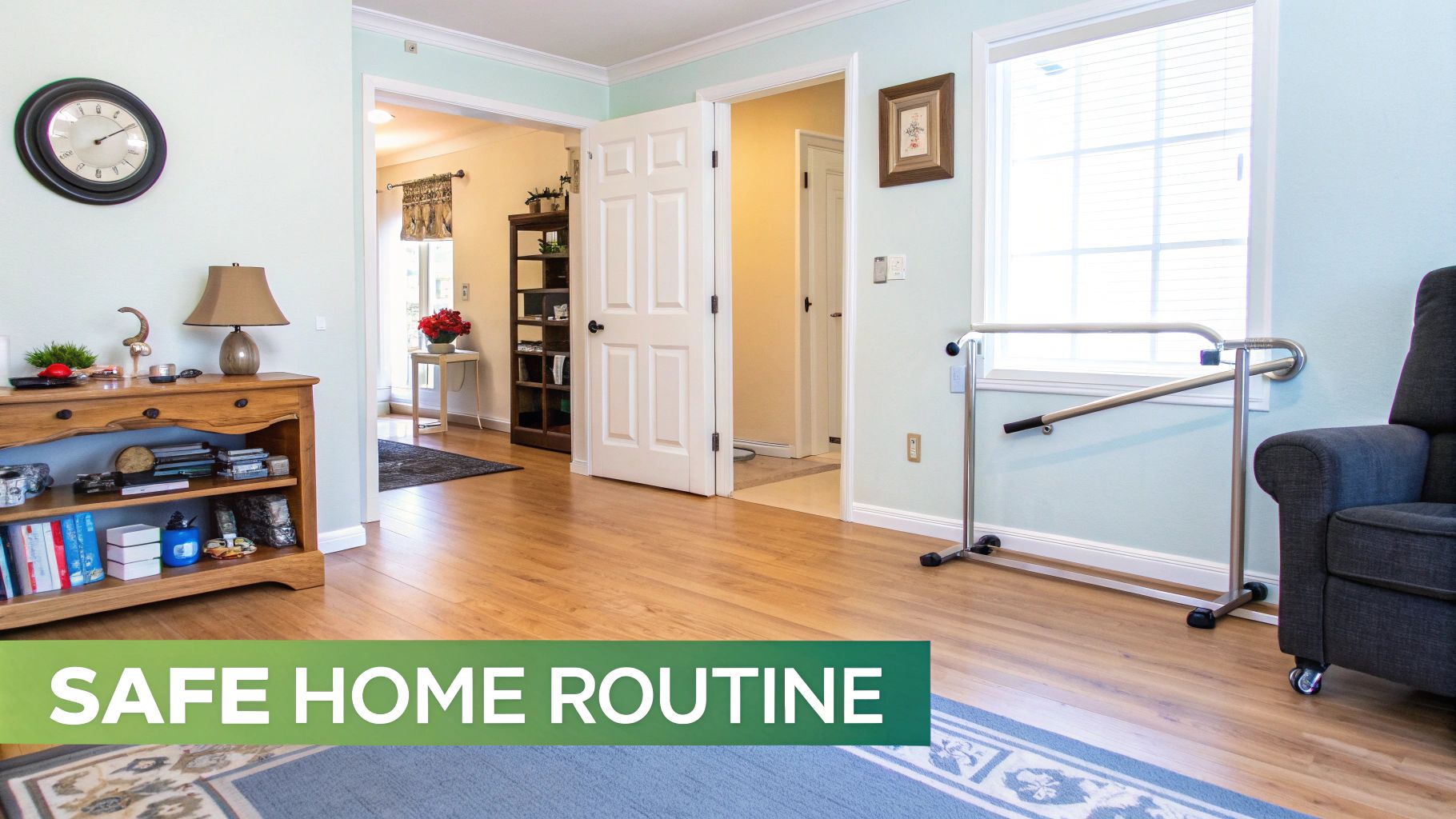An accessible home interior with a grab bar, comfortable armchair, and wooden console table.