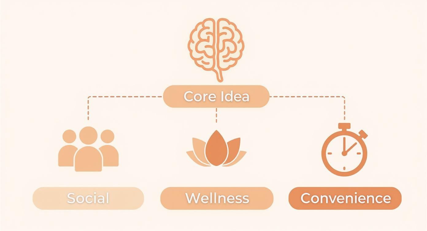 A diagram showing a brain over a 'Core Idea' that branches into 'Social', 'Wellness', and 'Convenience' with corresponding icons.