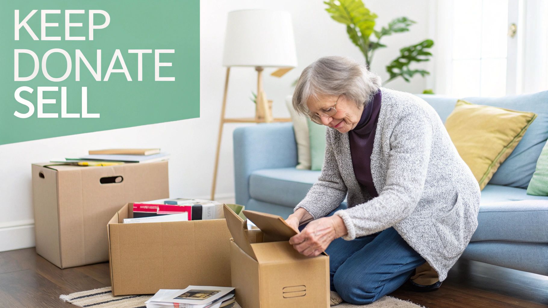 An elderly woman kneels on the floor, carefully sorting items into cardboard boxes for decluttering.