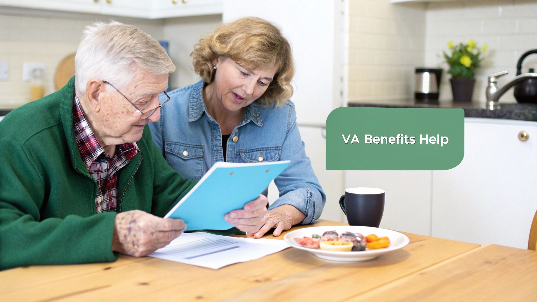 Elderly man and woman review documents, likely related to VA benefits, at a kitchen table.