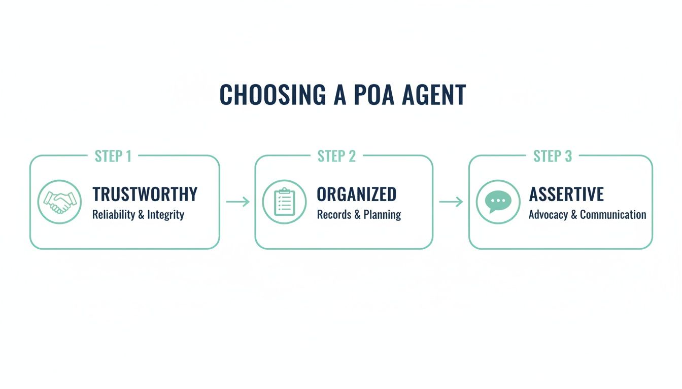 Infographic detailing three essential steps for selecting a power of attorney agent: trustworthiness, organization, and assertiveness.