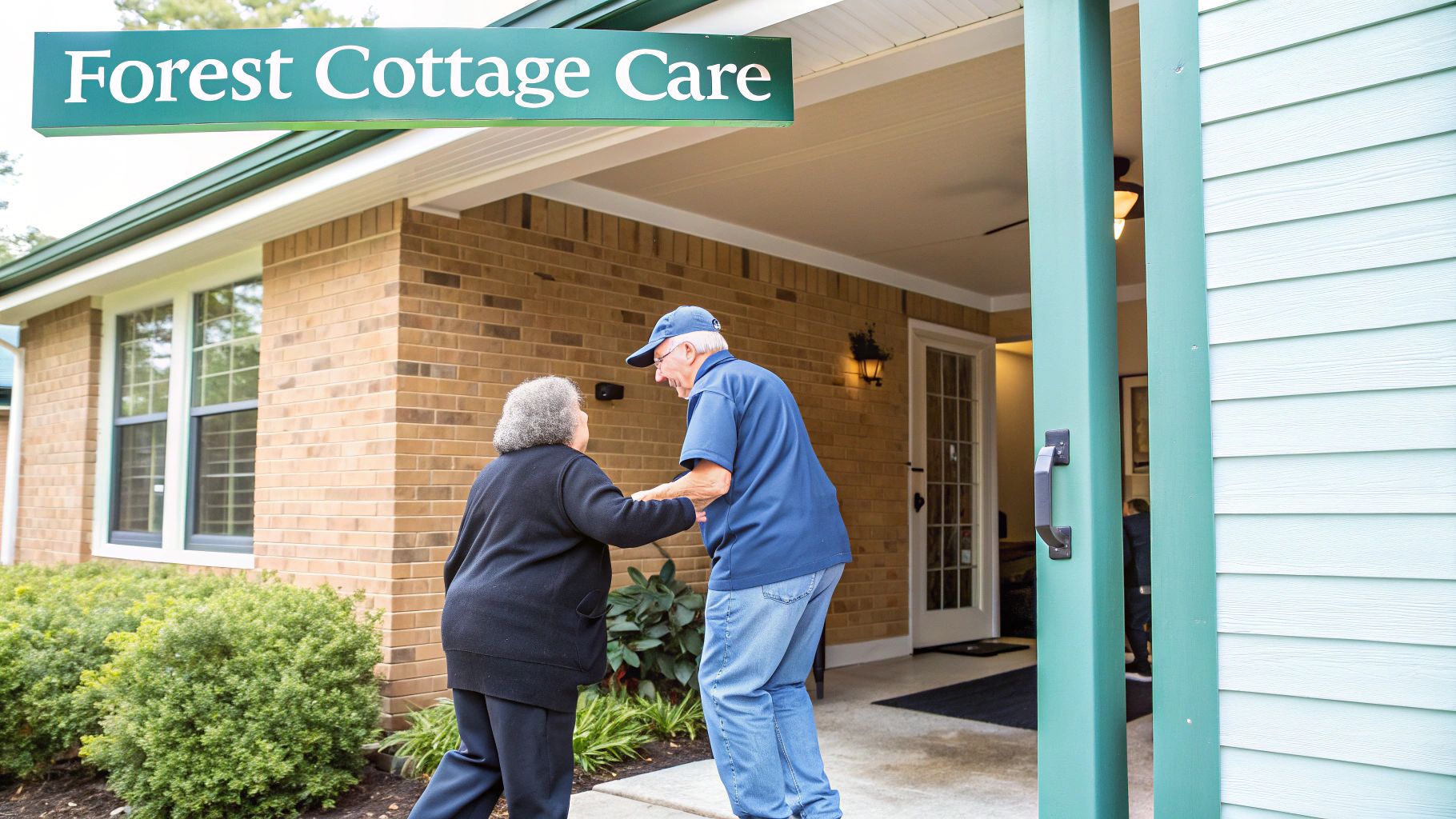 Elderly man helps woman enter Forest Cottage Care facility, emphasizing assisted living.