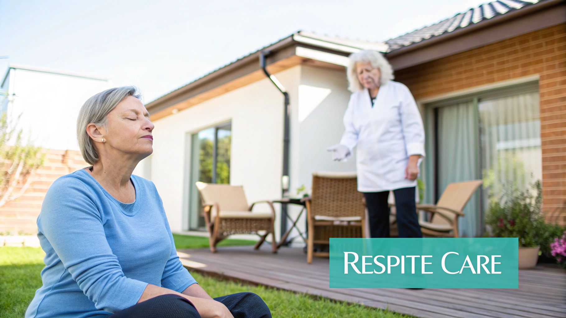 An elderly woman meditating on grass with a caregiver observing nearby, suggesting respite care.