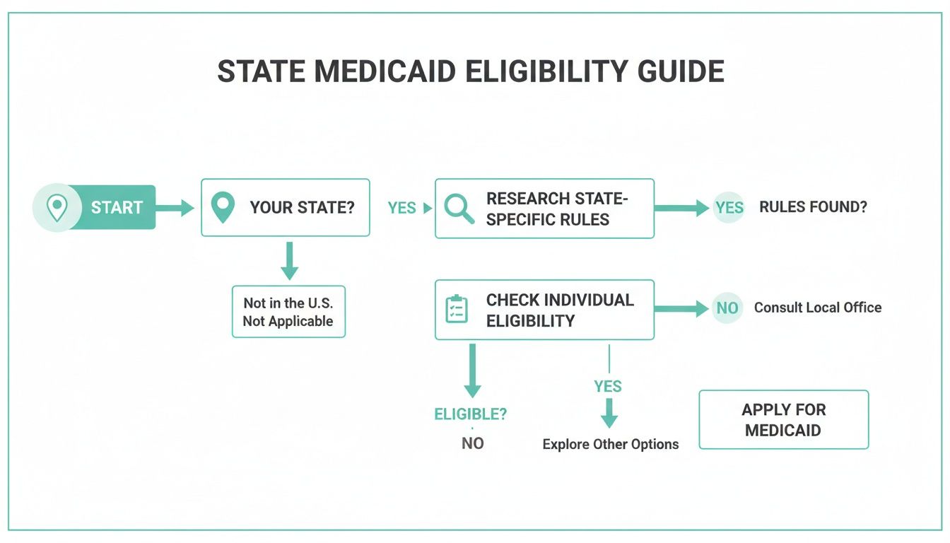A flowchart titled 'State Medicaid Eligibility Guide' outlining steps for checking eligibility.