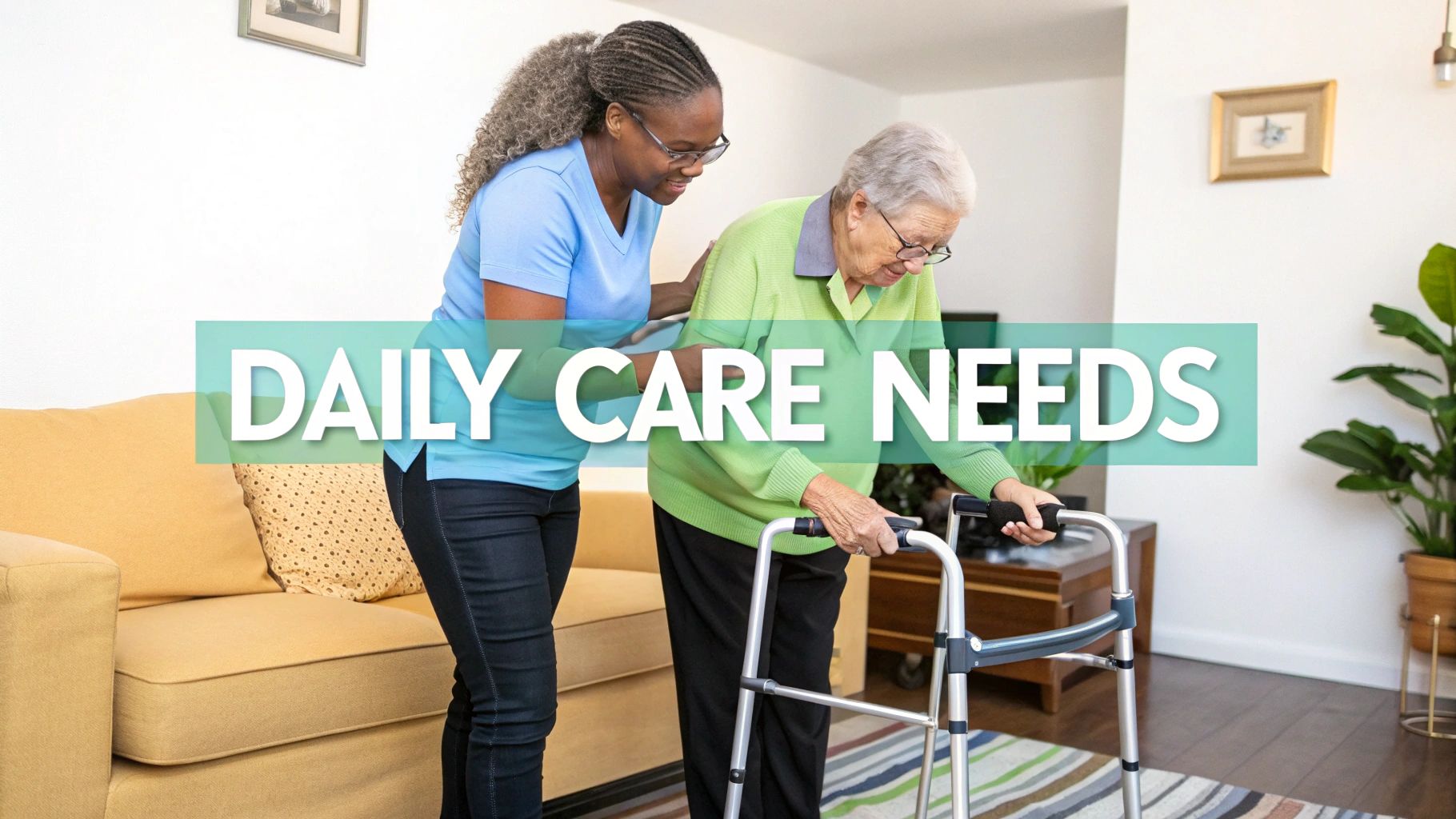 A compassionate caregiver assists an elderly woman using a walker in a home setting, providing daily care.