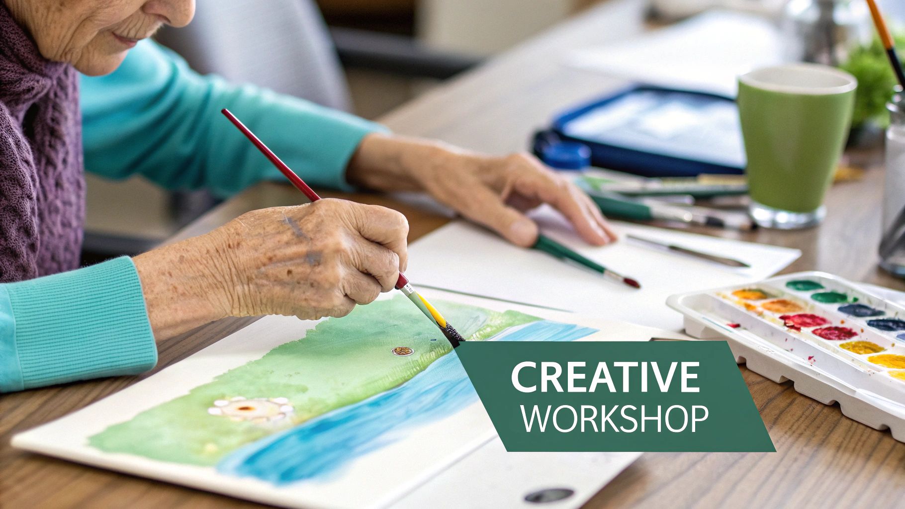 Close-up of an elderly person's hands painting with watercolors at a creative workshop.