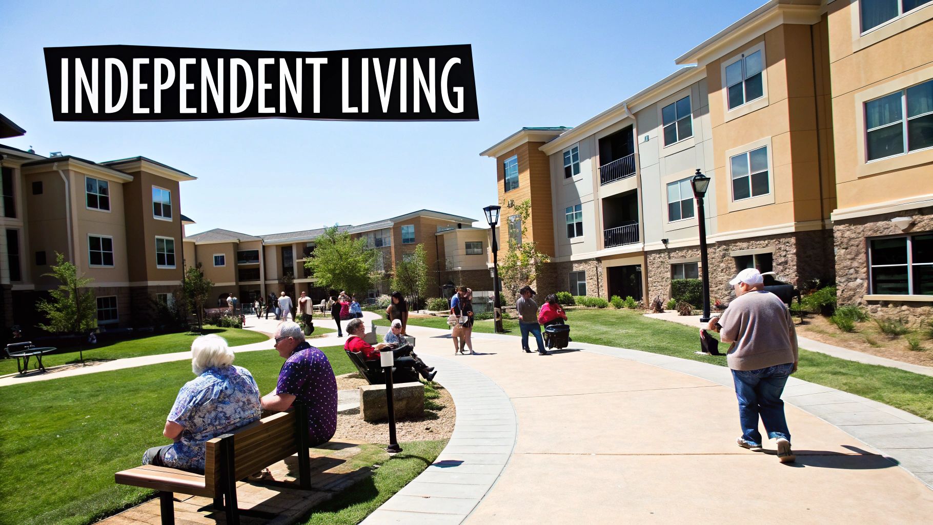 Seniors enjoying a sunny day outdoors in an independent living community with modern buildings.
