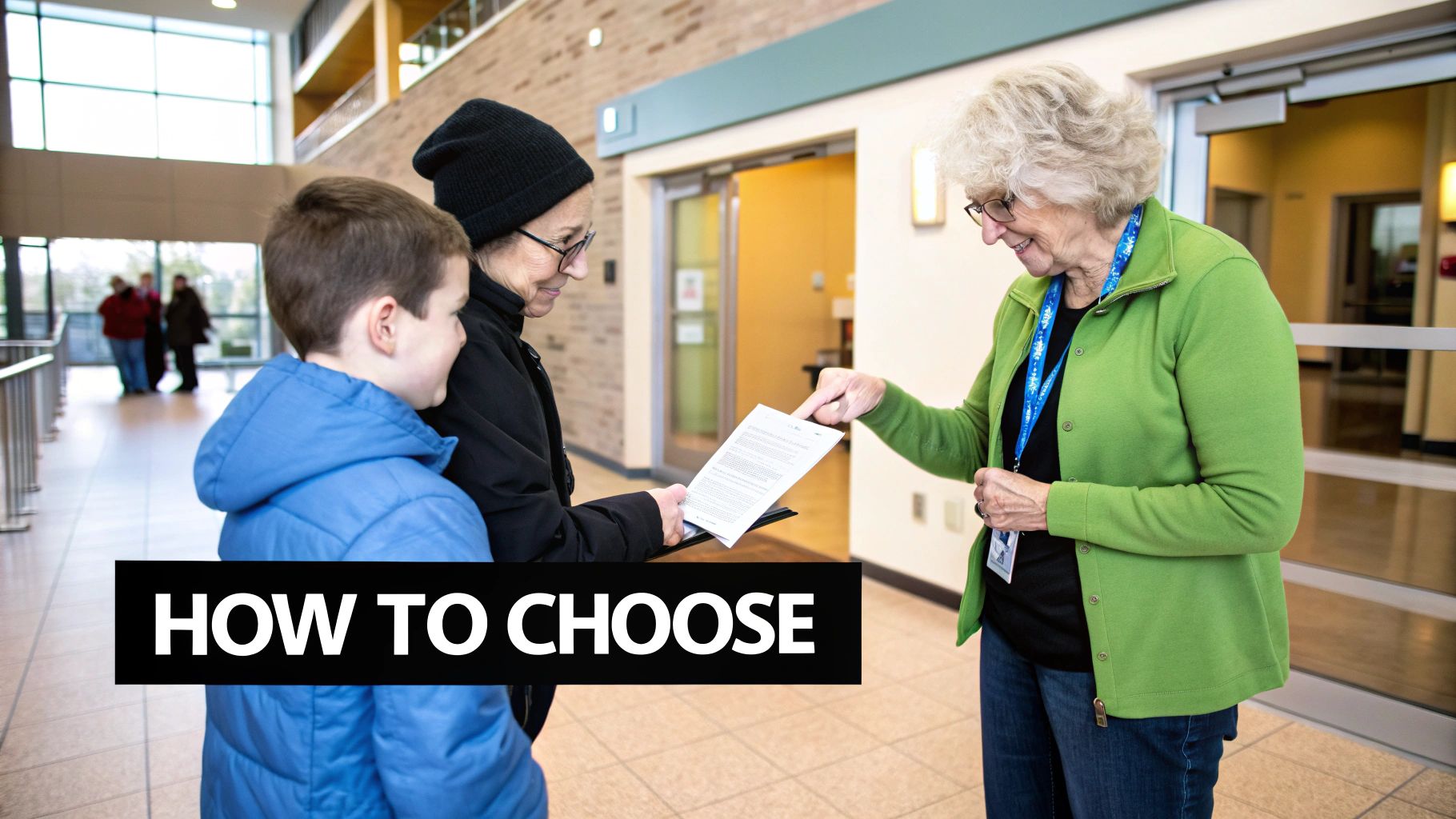 An older woman points at a document held by another woman, while a child watches, in a modern building.