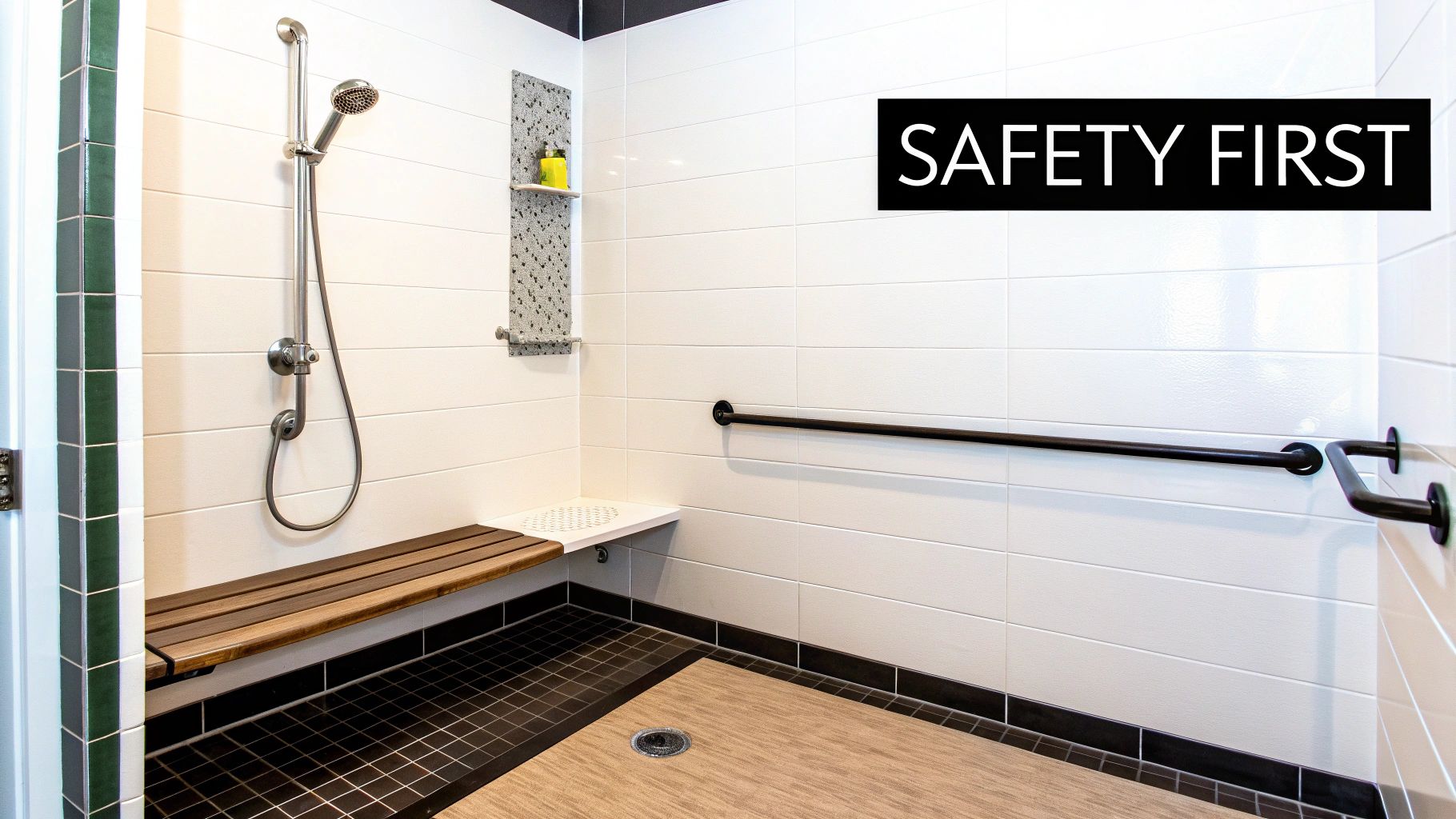 Modern accessible bathroom with a shower, grab bars, wooden bench, and black and white tiles, emphasizing safety.