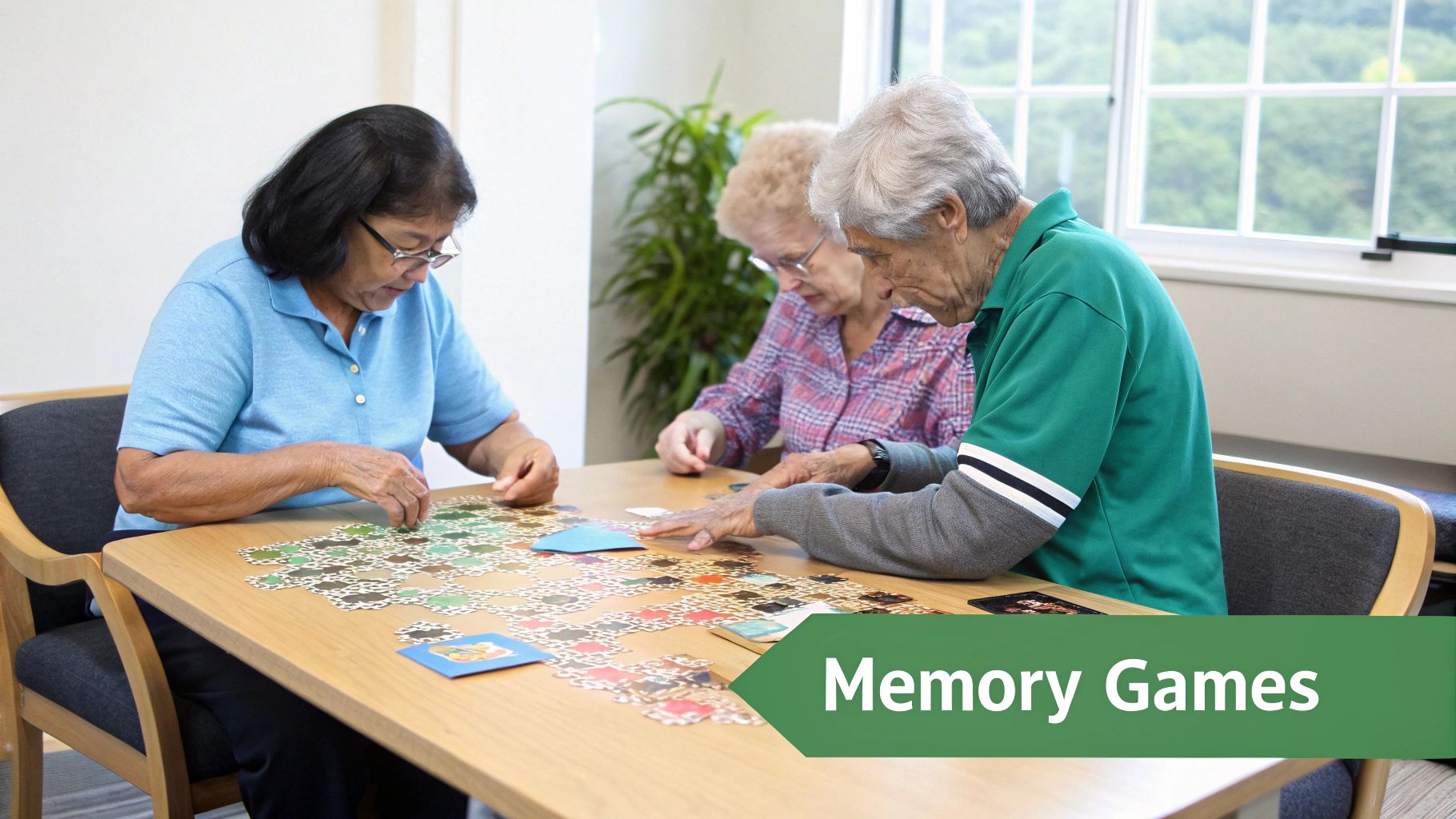 Seniors engage in a stimulating memory game with hexagonal tiles at a table.