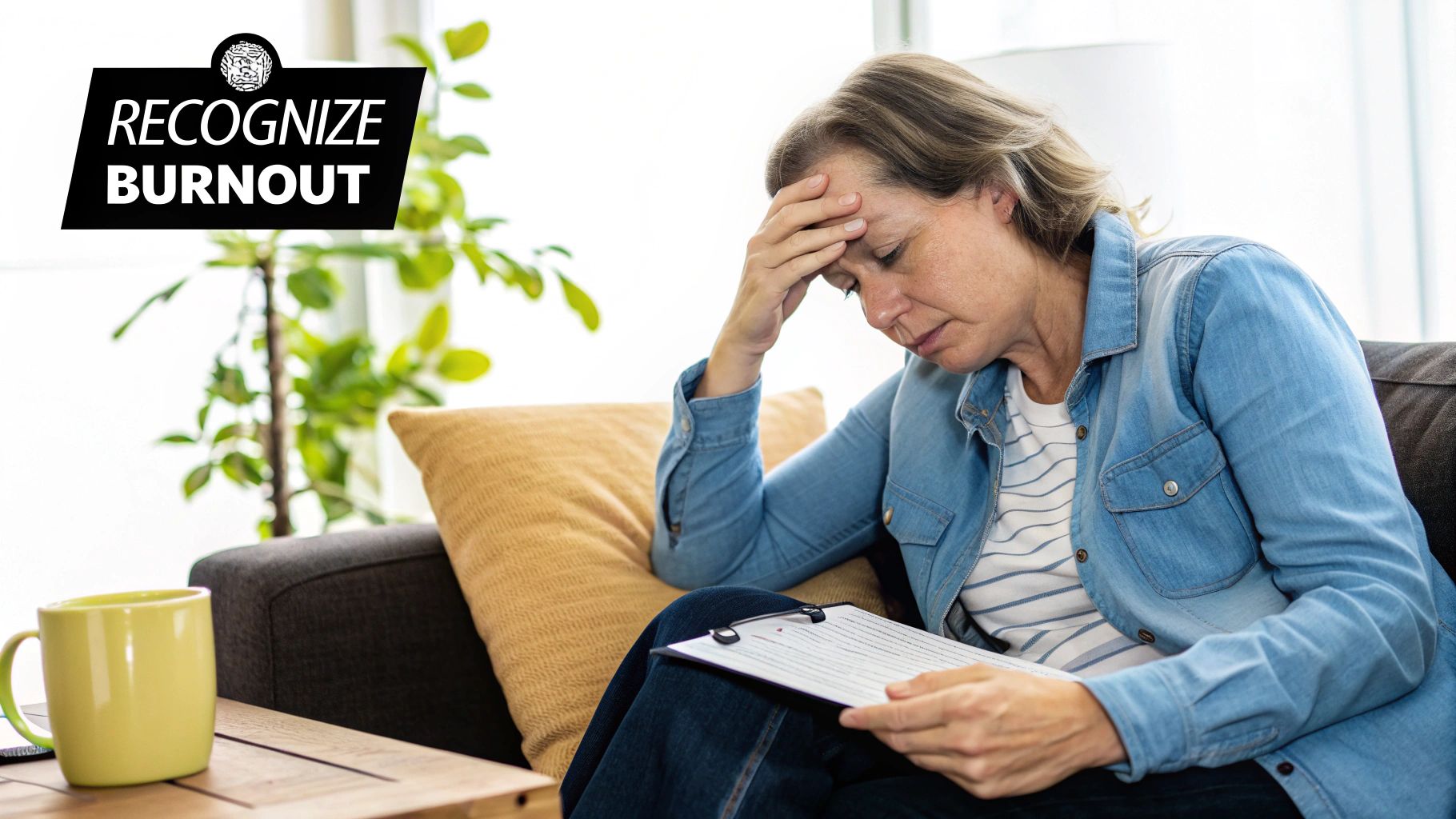 A stressed woman on a couch holding a clipboard, with a banner saying 'RECOGNIZE BURNOUT'.