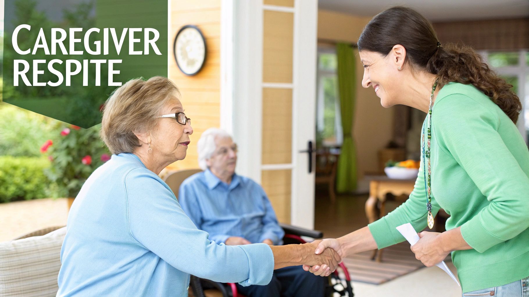 An elderly woman with glasses shakes hands with a smiling caregiver, providing respite.
