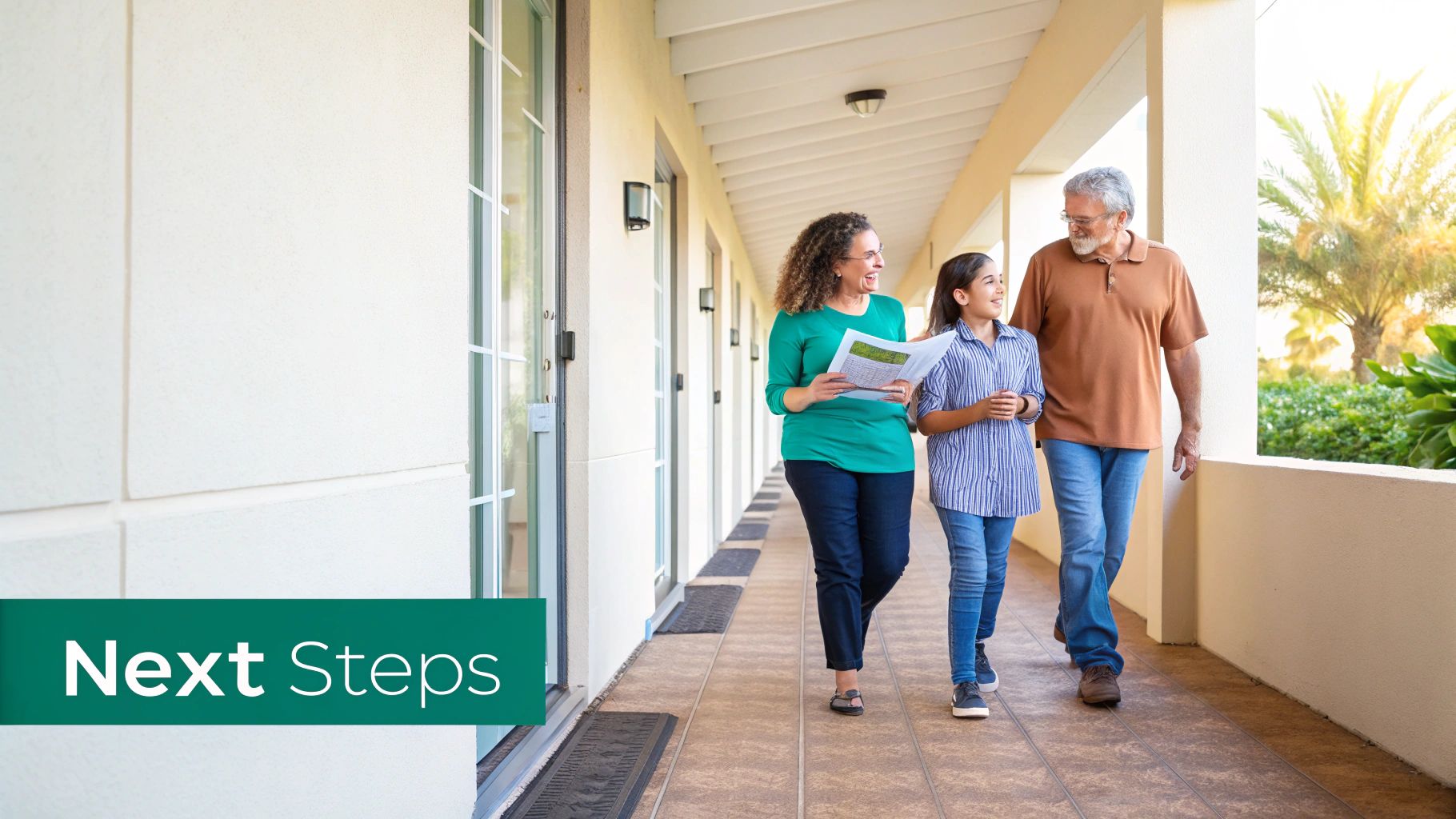 A smiling multi-generational family, including a woman, girl, and man, walk together on a sunny outdoor porch.