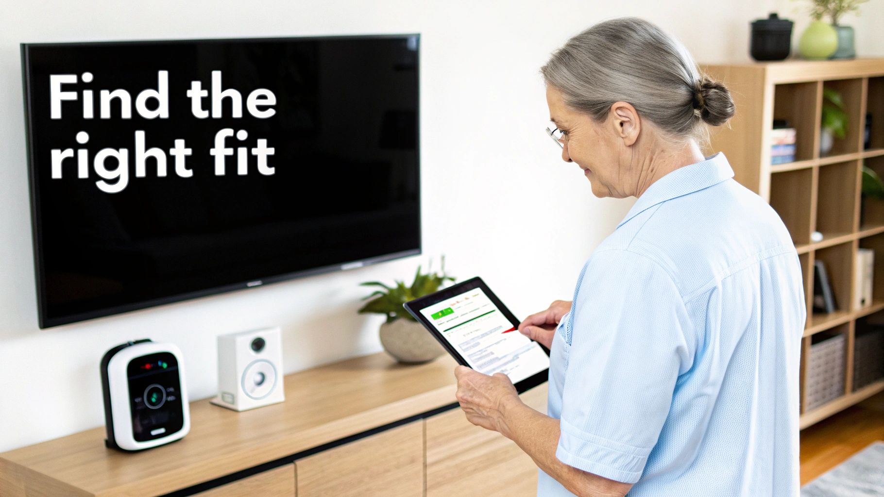 Smiling senior woman using a digital tablet, with a TV displaying 'Find the right fit' in the background.