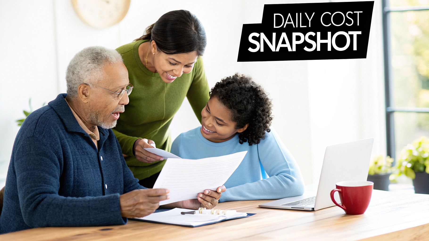 An older man, woman, and child review documents together at a table, with a laptop nearby.