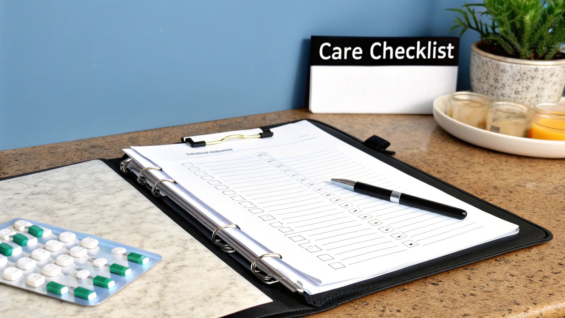 A 'Care Checklist' sign, a binder with a checklist and pen, and a blister pack of pills on a counter.