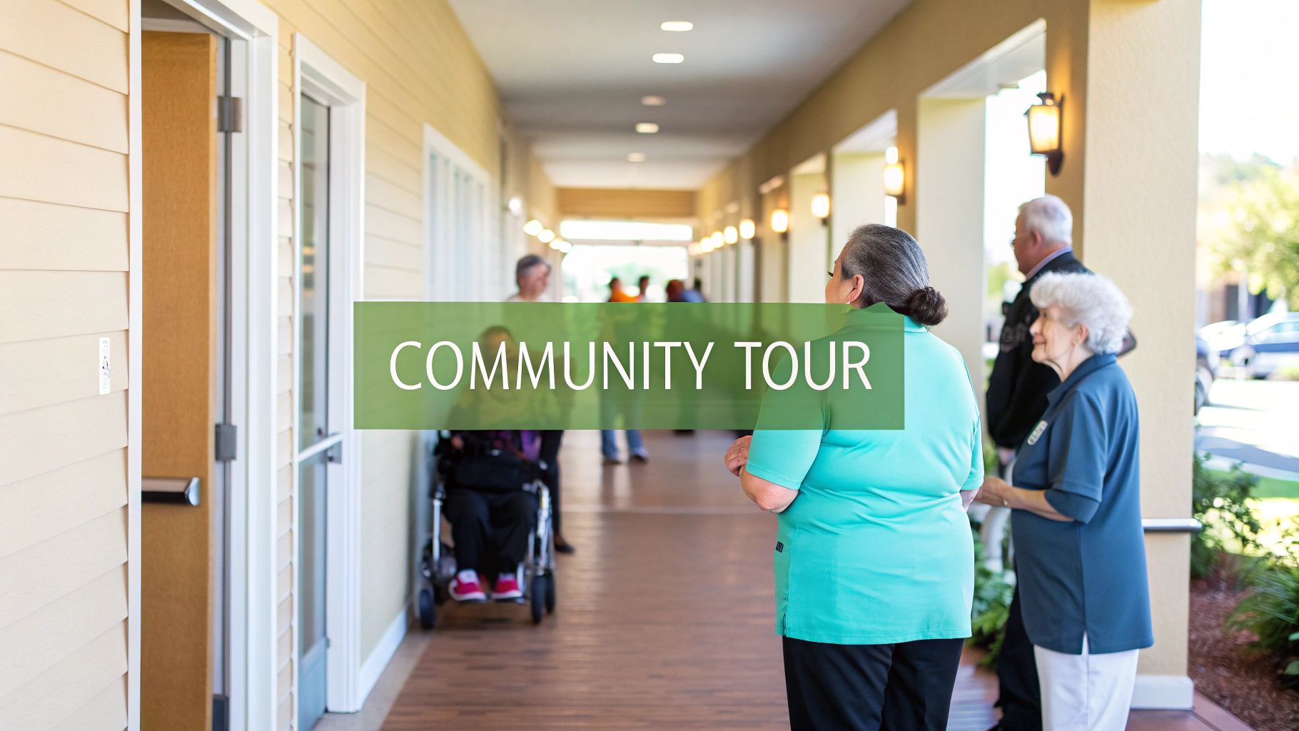 Seniors on a community tour, including a person in a wheelchair, walking down a bright hallway.