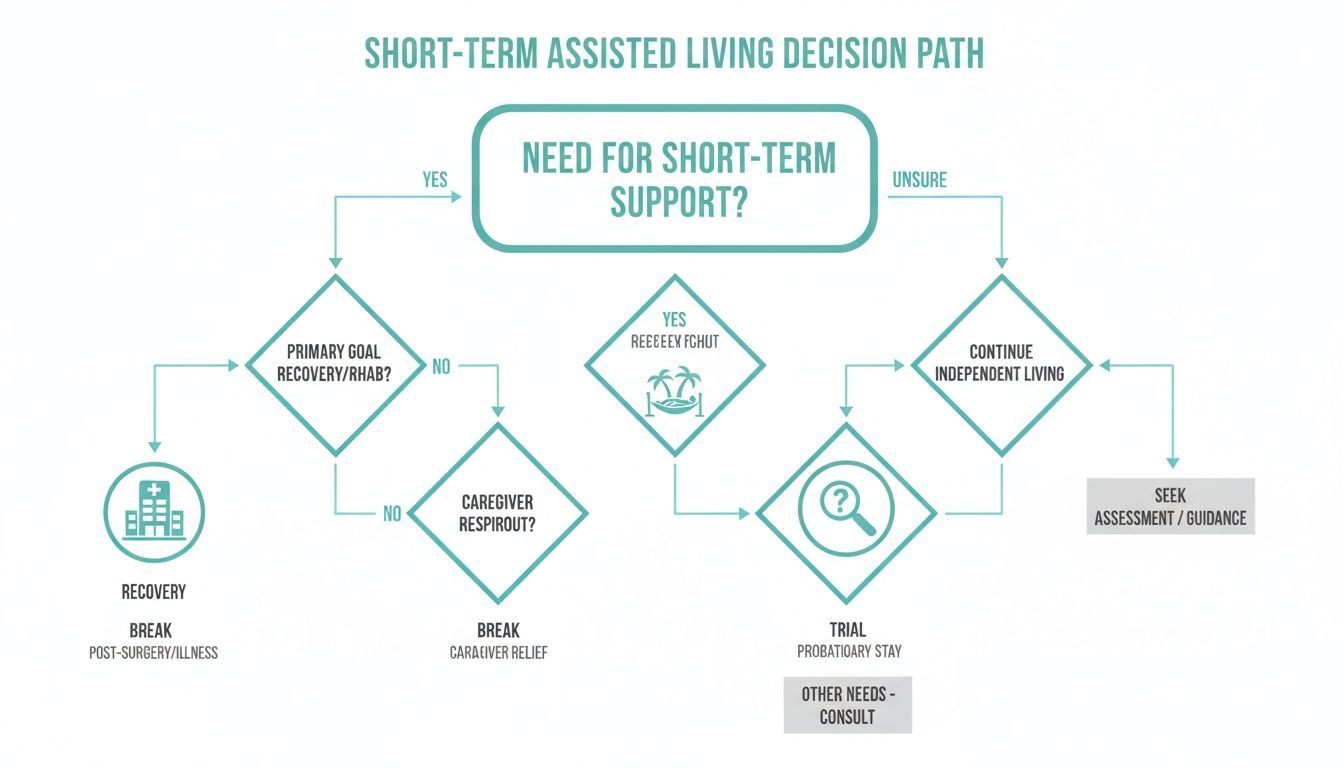 A flowchart illustrating the decision path for short-term assisted living options and support needs.