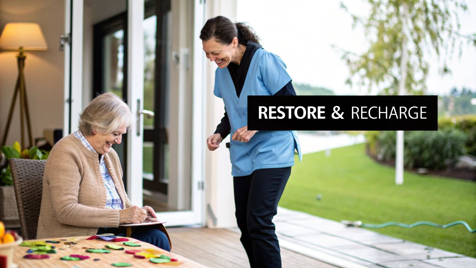 A happy senior woman crafting with her smiling caregiver on a sunny outdoor patio.
