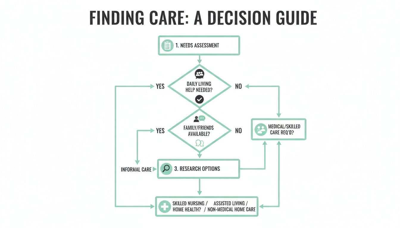 Flowchart guiding the process of finding care, from needs assessment to various care options.