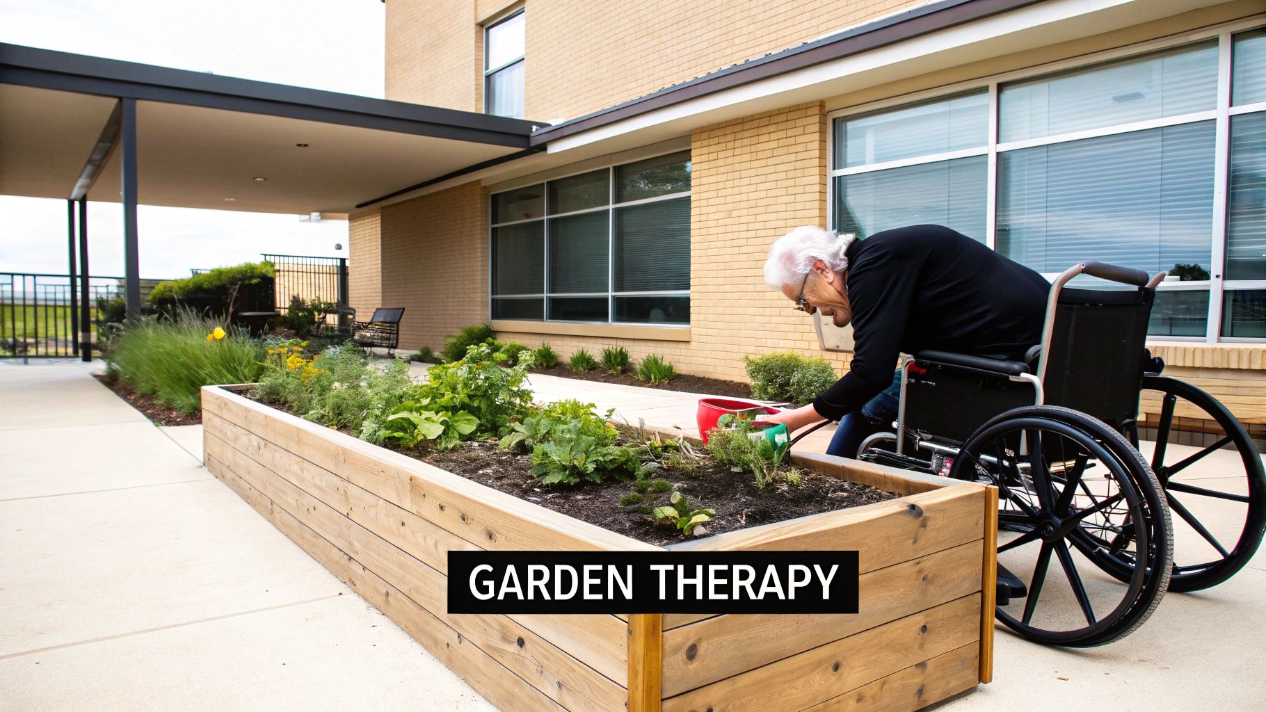 An elderly person in a wheelchair tends to plants in a raised garden bed, enjoying garden therapy.