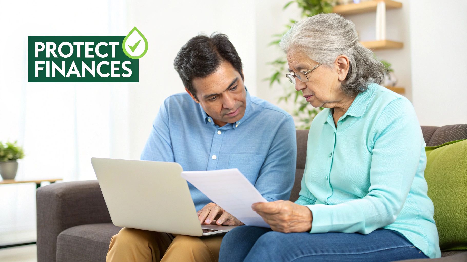 A man helps an elderly woman review financial documents and use a laptop to protect finances.