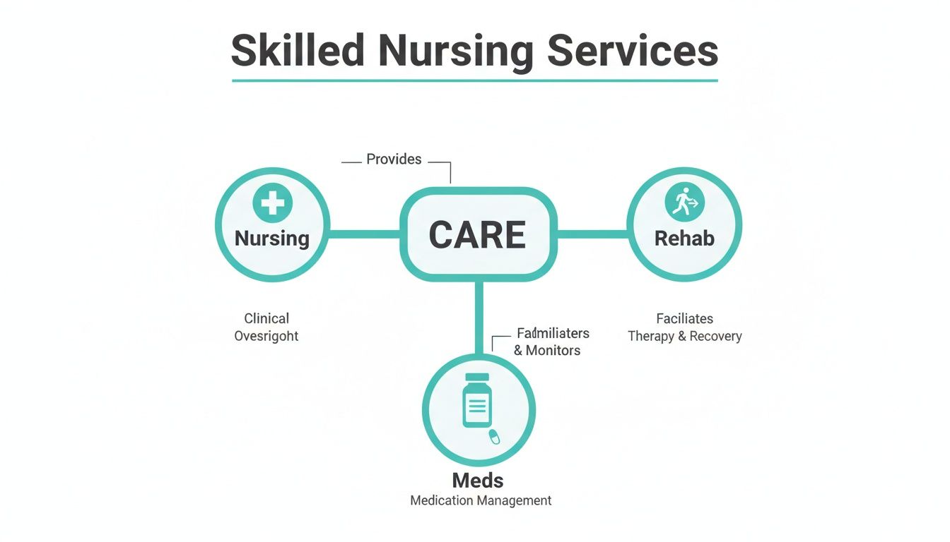 Diagram illustrating skilled nursing services, detailing components like nursing, rehab, and medication management.