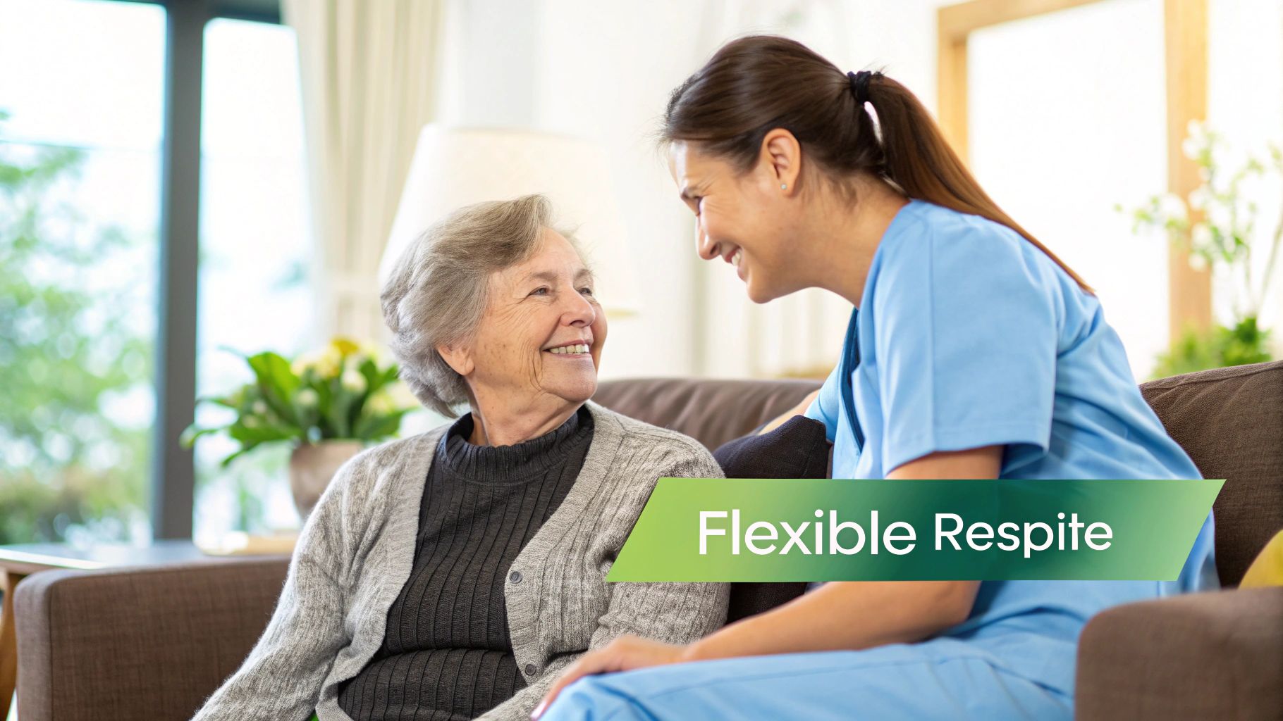 Happy senior woman interacting with a smiling caregiver on a sofa, with 'Flexible Respite' text visible.