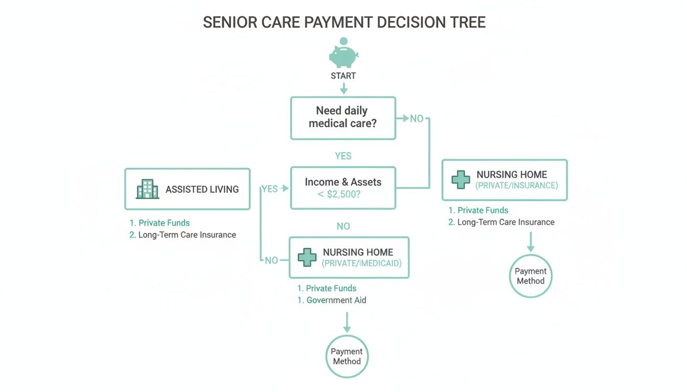 Flowchart detailing senior care payment methods: assisted living vs. nursing home options.