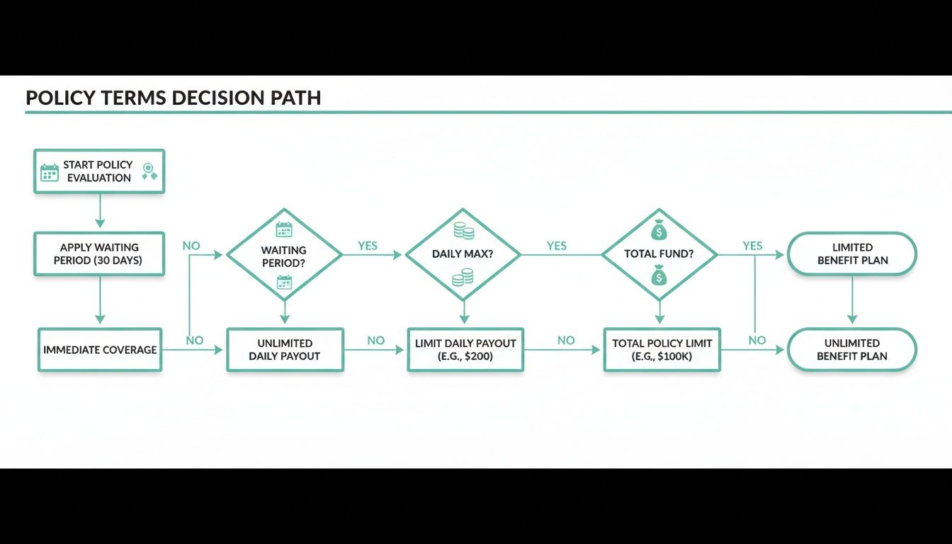 Flowchart illustrating policy terms decision path with steps for waiting periods, daily payouts, and total policy limits.