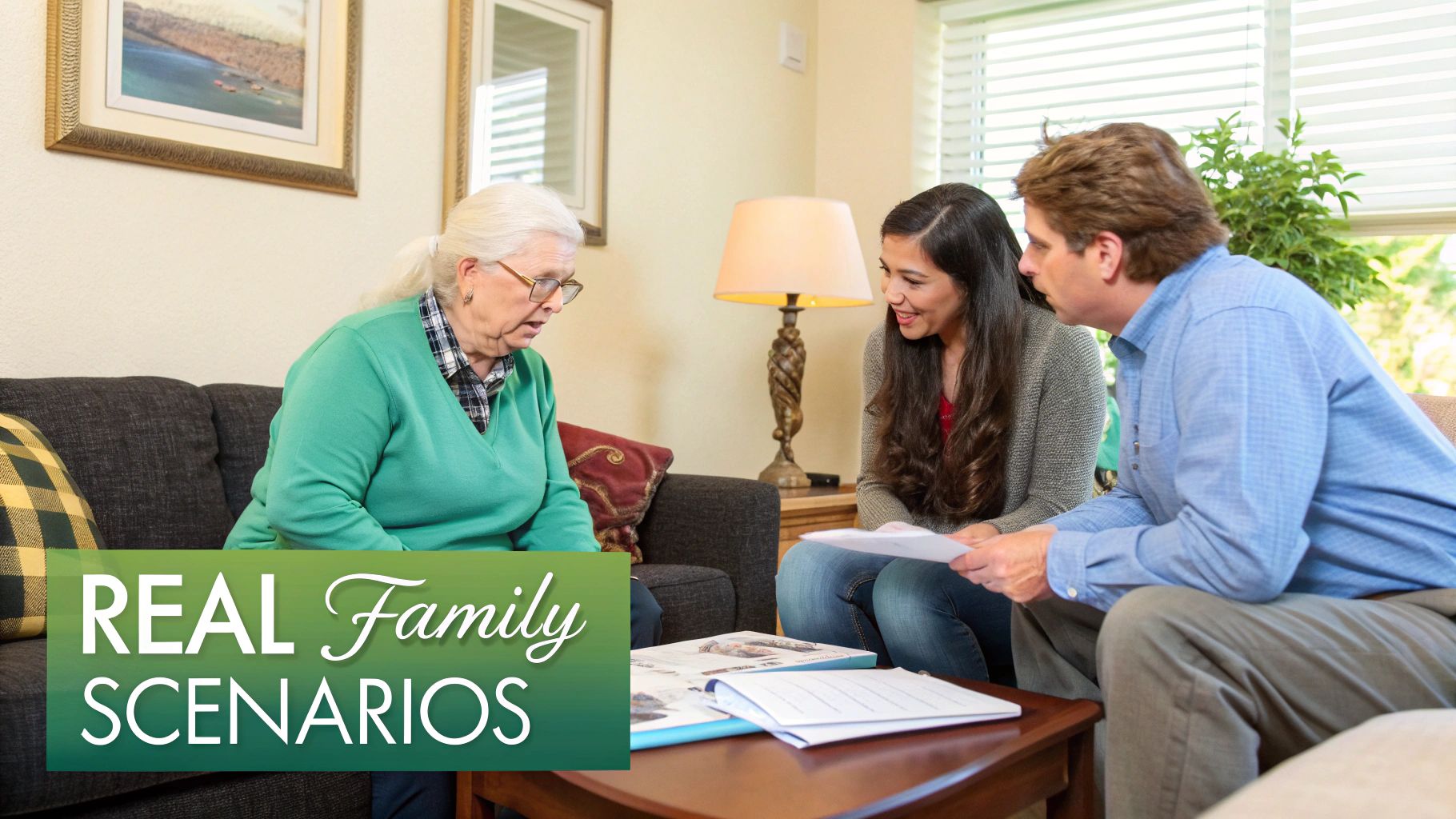 An elderly woman and a younger couple discuss legal papers in a comfortable living room.