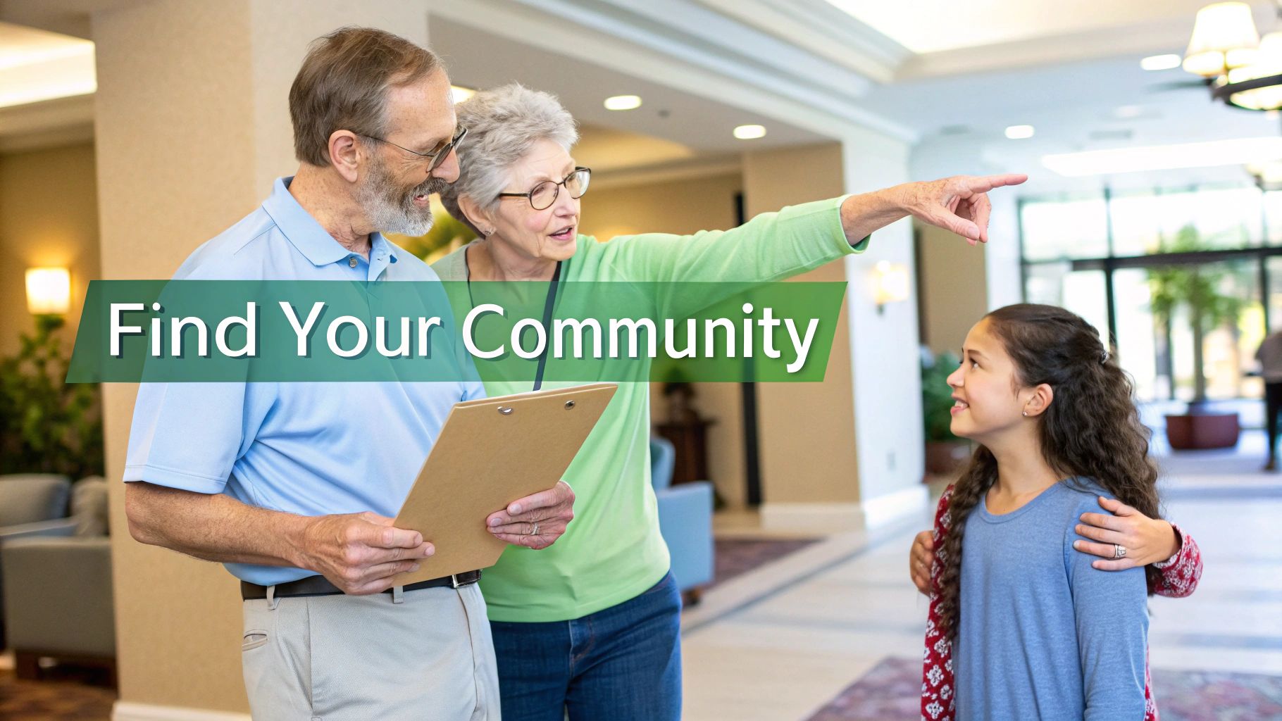 Smiling family generations interacting in a bright, modern assisted living community.