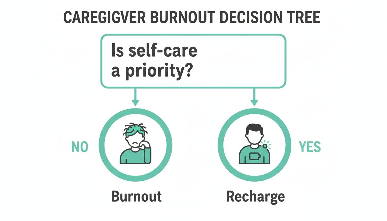 A caregiver burnout decision tree flow chart illustrating choices leading to burnout or recharge.