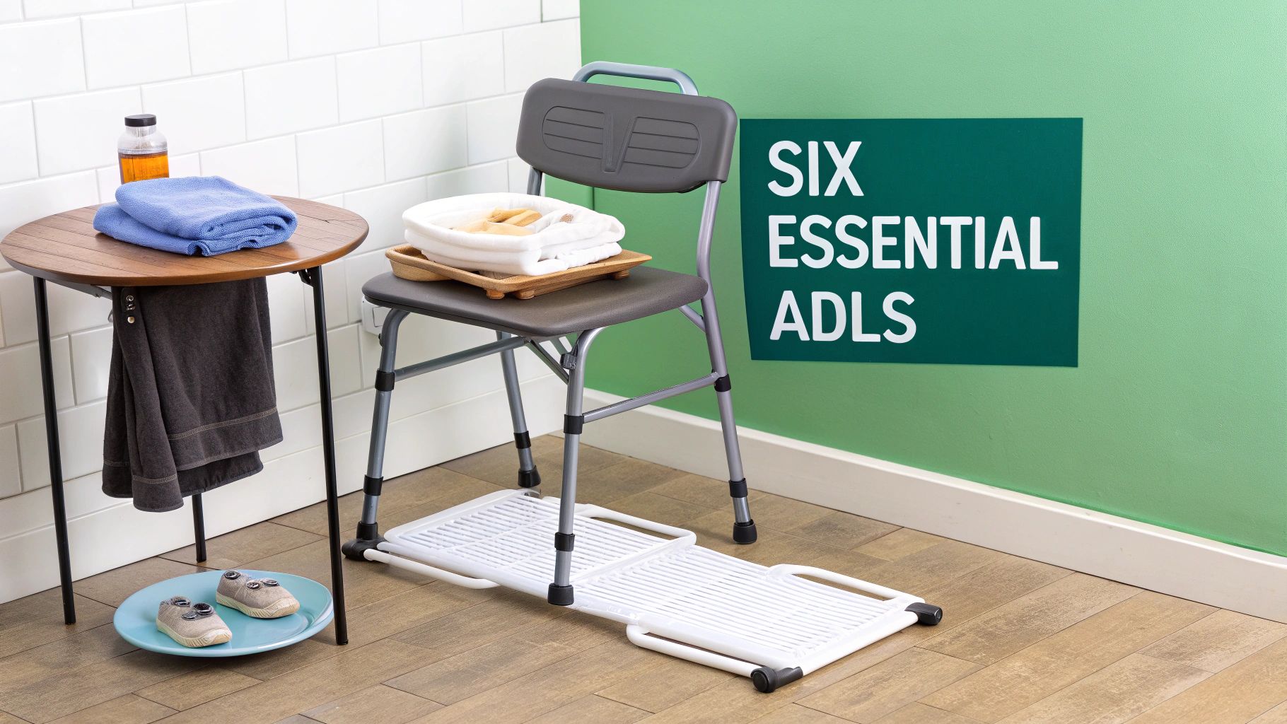 A shower chair and bath accessories, including towels and slippers, for assisted daily living.