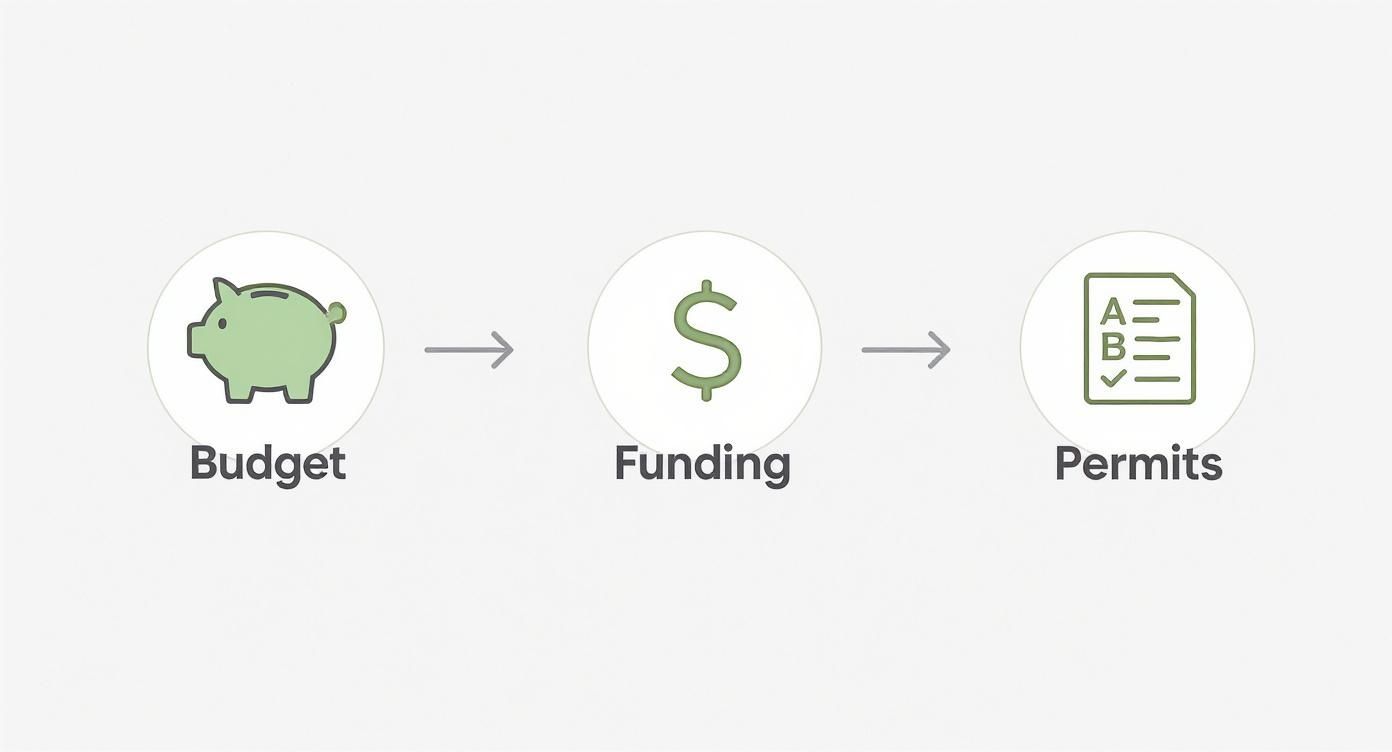 A visual process flow diagram showing steps: Budget (piggy bank), Funding (dollar sign), and Permits (document).