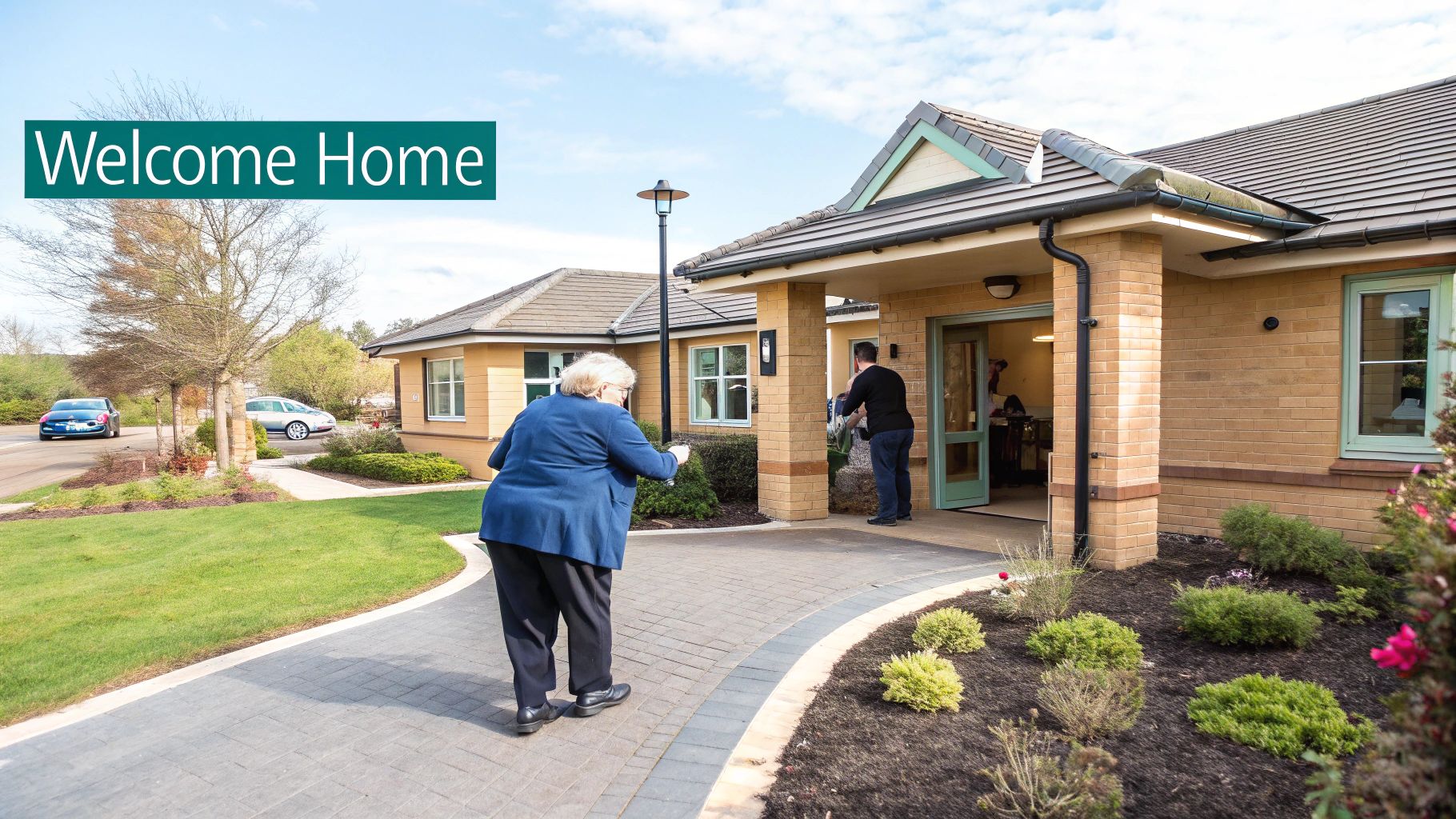 Elderly woman approaches a welcoming care home entrance, while a man carries a box inside.