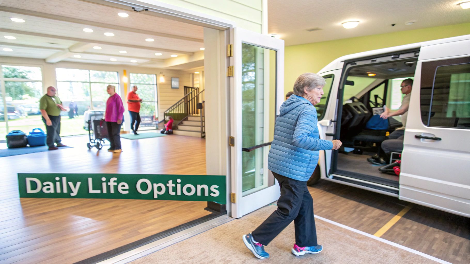 Elderly woman walking towards a white van, leaving an assisted living facility with others inside.