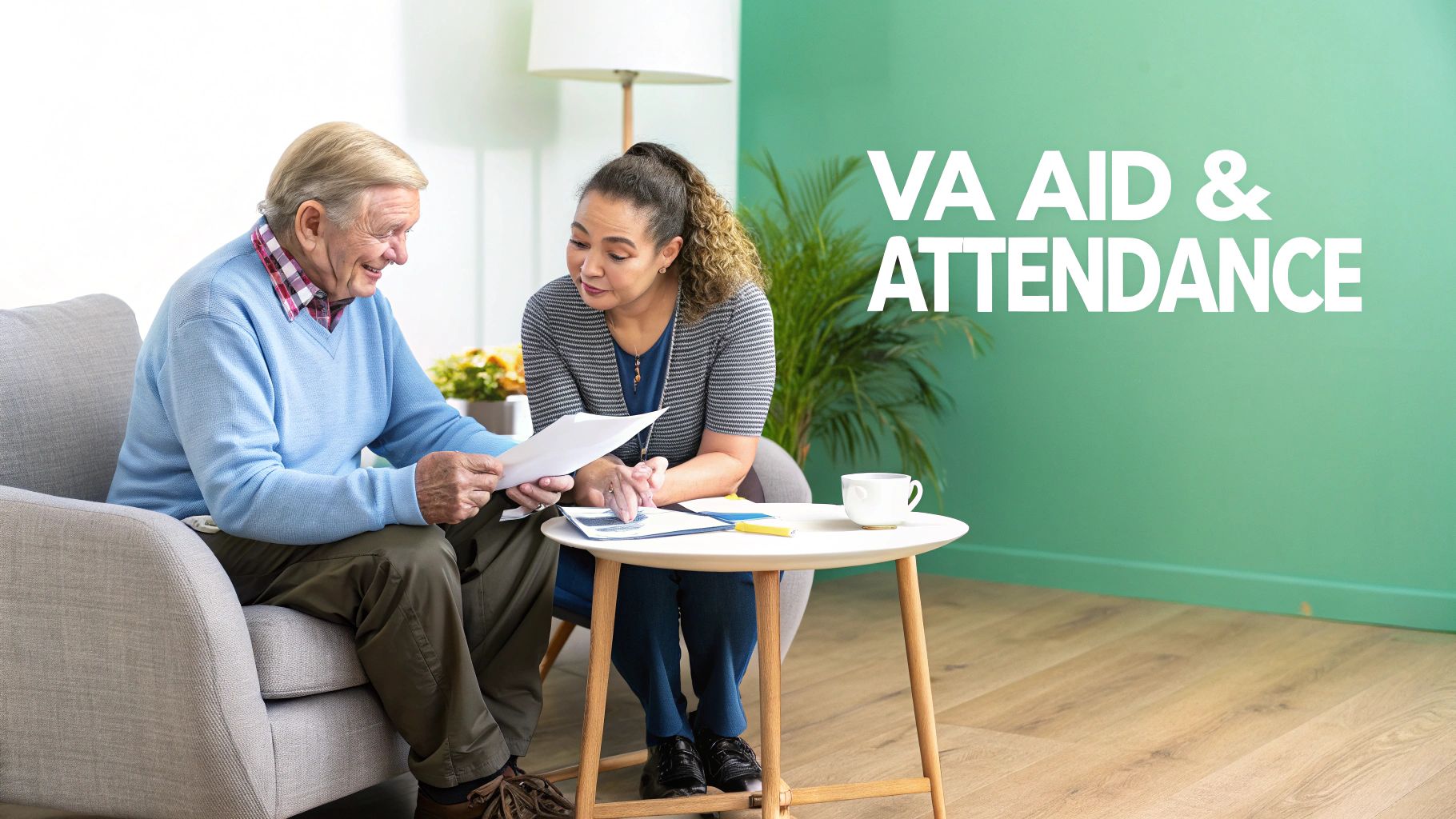 A senior man and a woman discussing documents, with 'VA AID & ATTENDANCE' displayed on the wall.
