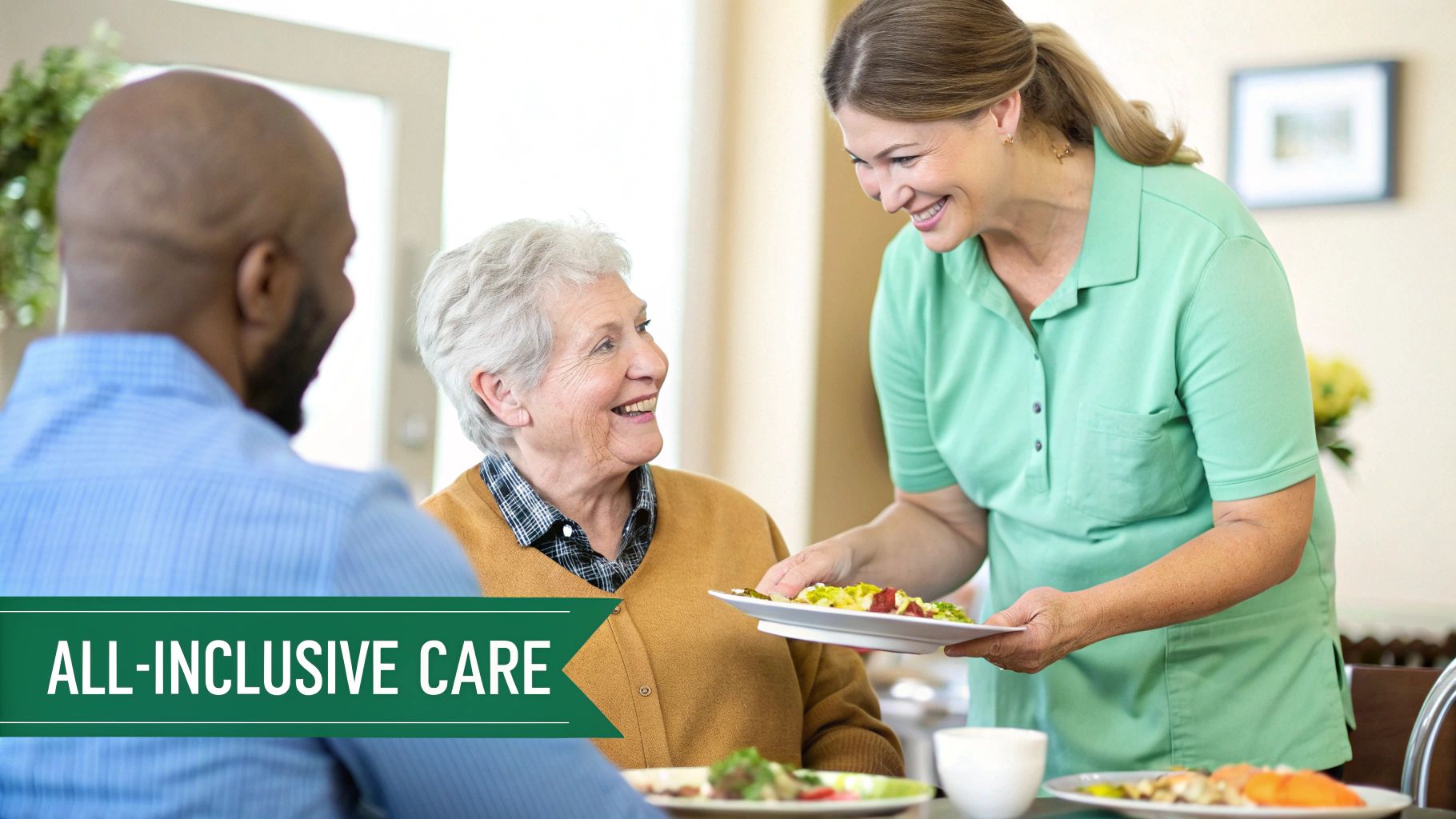 Smiling caregiver serves a meal to an elderly woman and a man in an all-inclusive care setting.