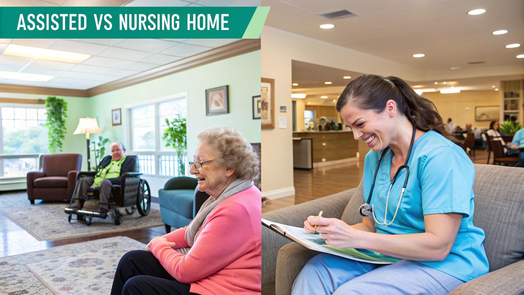 A split image showing an elderly woman in an assisted living setting and a nurse in a nursing home.