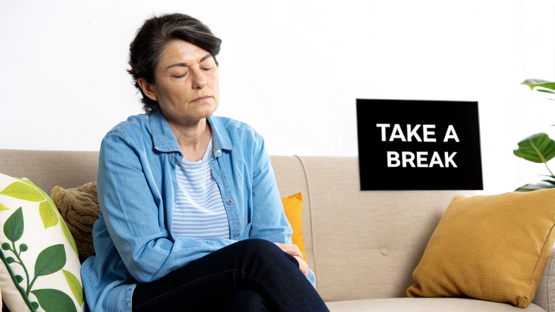 A tired woman sits peacefully on a sofa with her eyes closed, a "TAKE A BREAK" sign behind her.