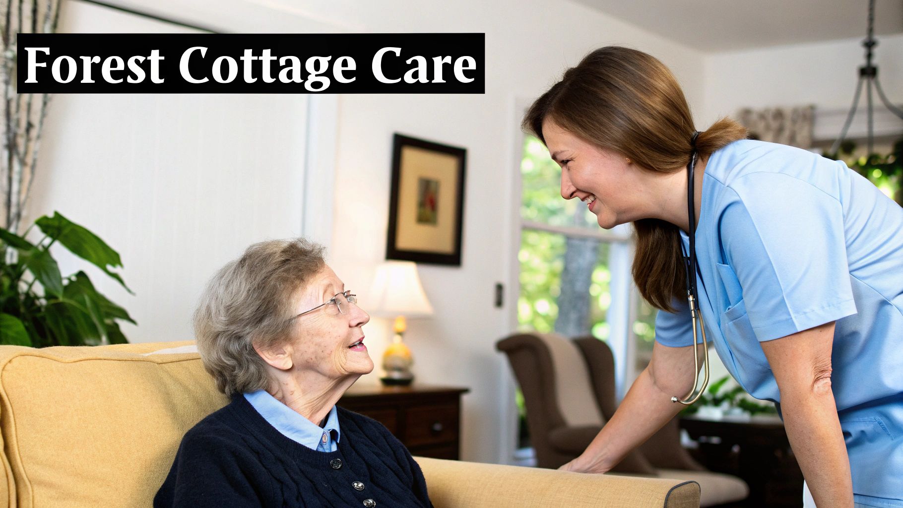 A compassionate caregiver in blue scrubs happily engages with a smiling elderly woman.