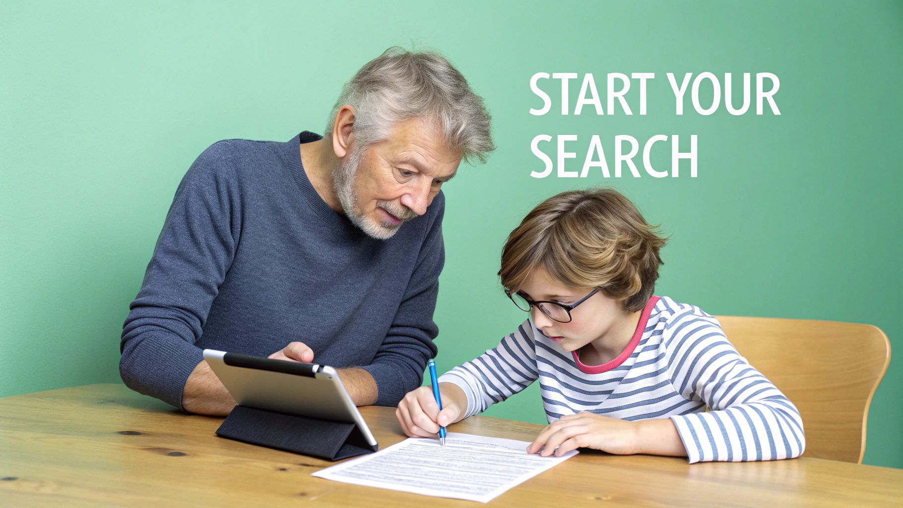 An older man helps a young boy with his schoolwork, both focused on learning.