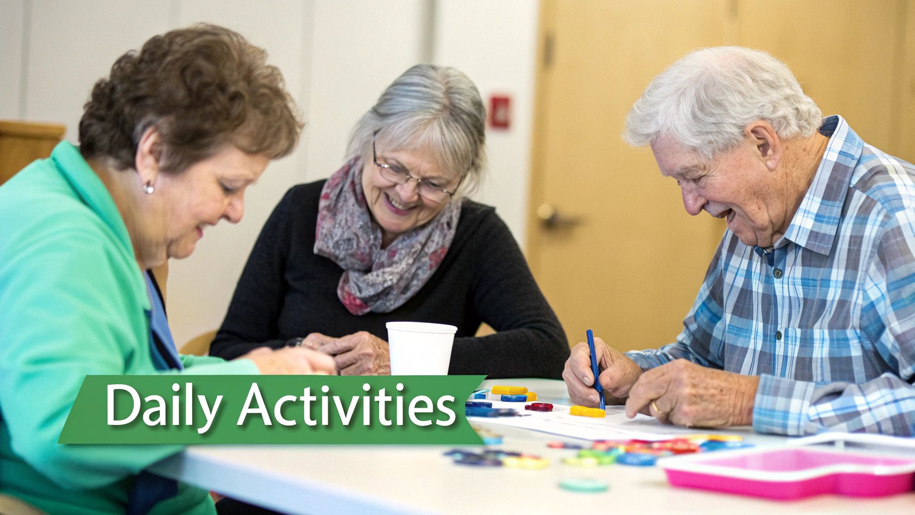 Three joyful seniors participate in a daily activity session, using pens and colorful pieces at a table.