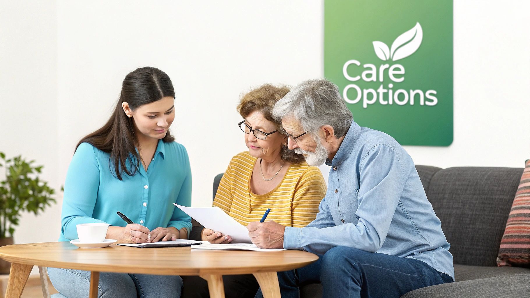 A younger woman advises an elderly couple on care options, reviewing documents at a table.