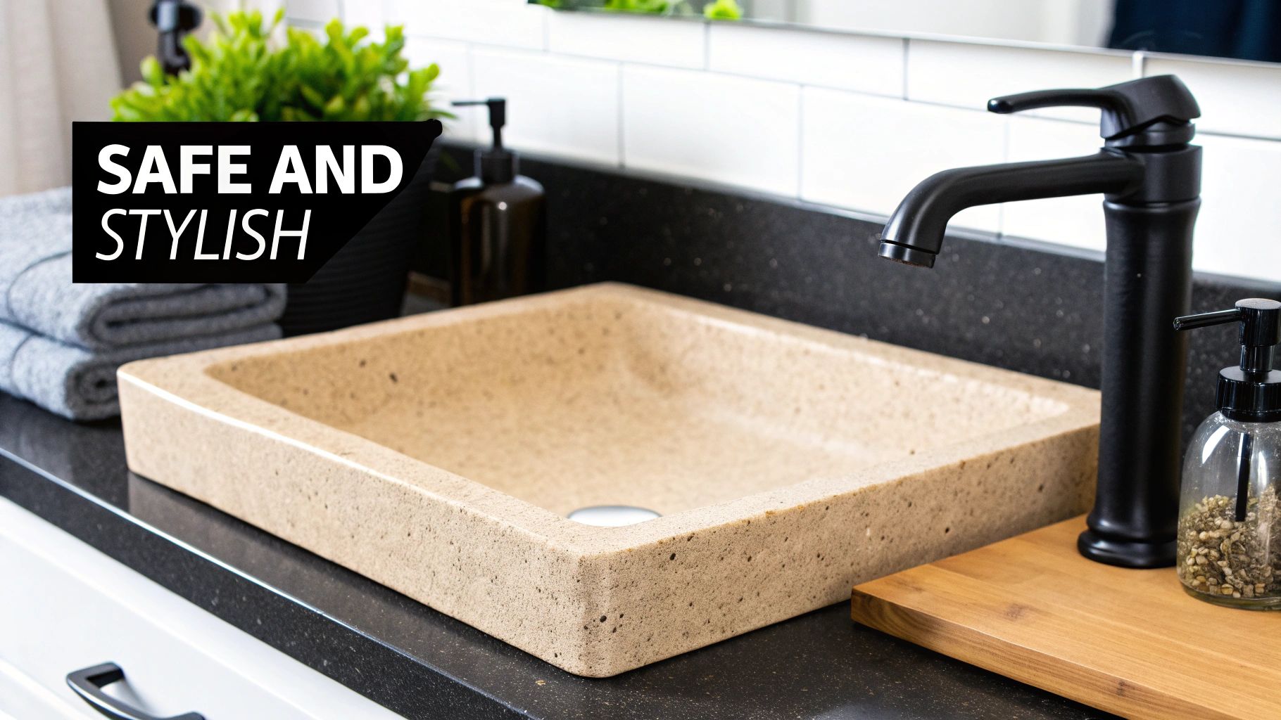 A modern bathroom features a light brown concrete vessel sink, black faucet, and 'Safe and Stylish' text.