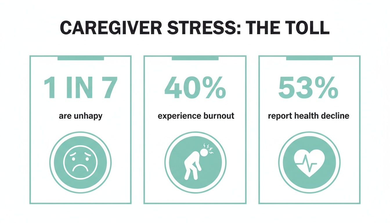 Infographic showing the toll of caregiver stress: 1 in 7 are unhappy, 40% experience burnout, 53% report health decline.