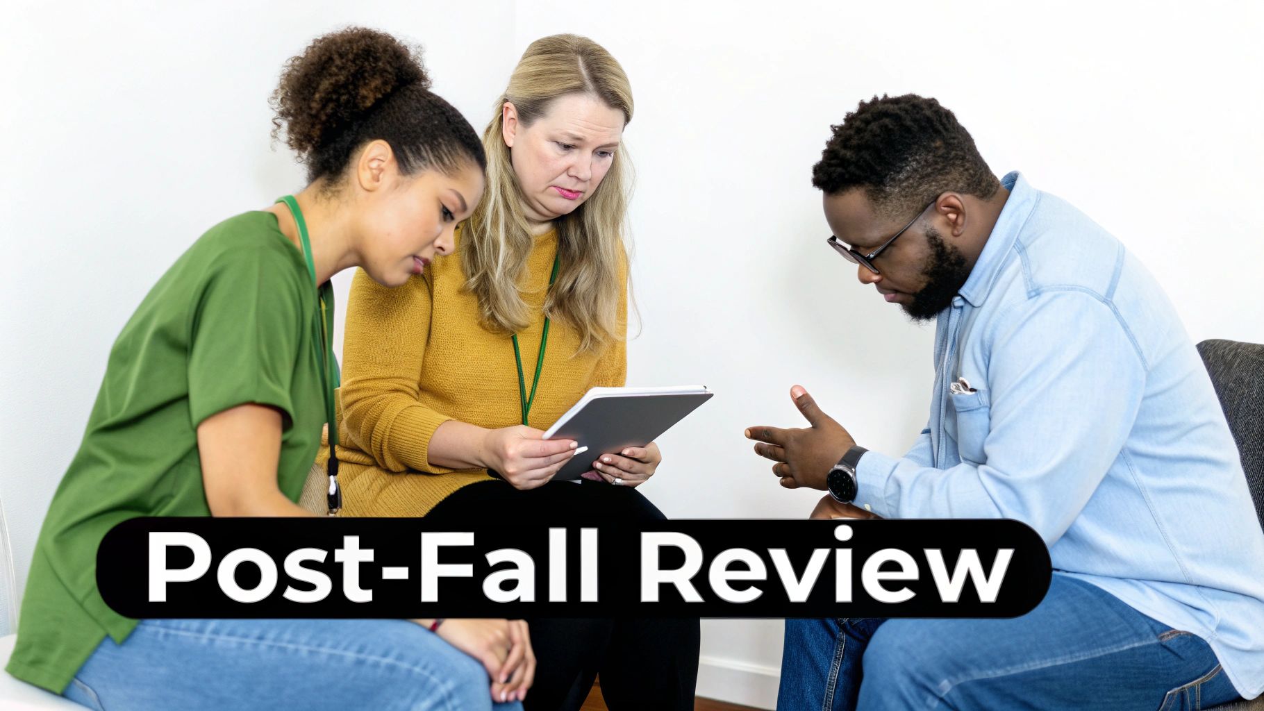 Three individuals, two women and one man, conducting a serious post-fall review session with a tablet.