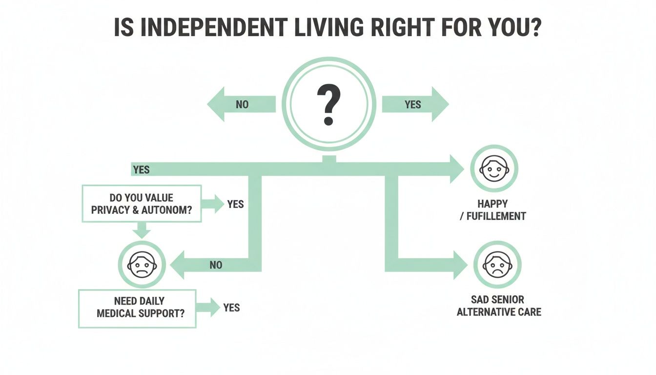 A flowchart asking 'Is independent living right for you?' leads to happiness, sadness, or alternative care options.
