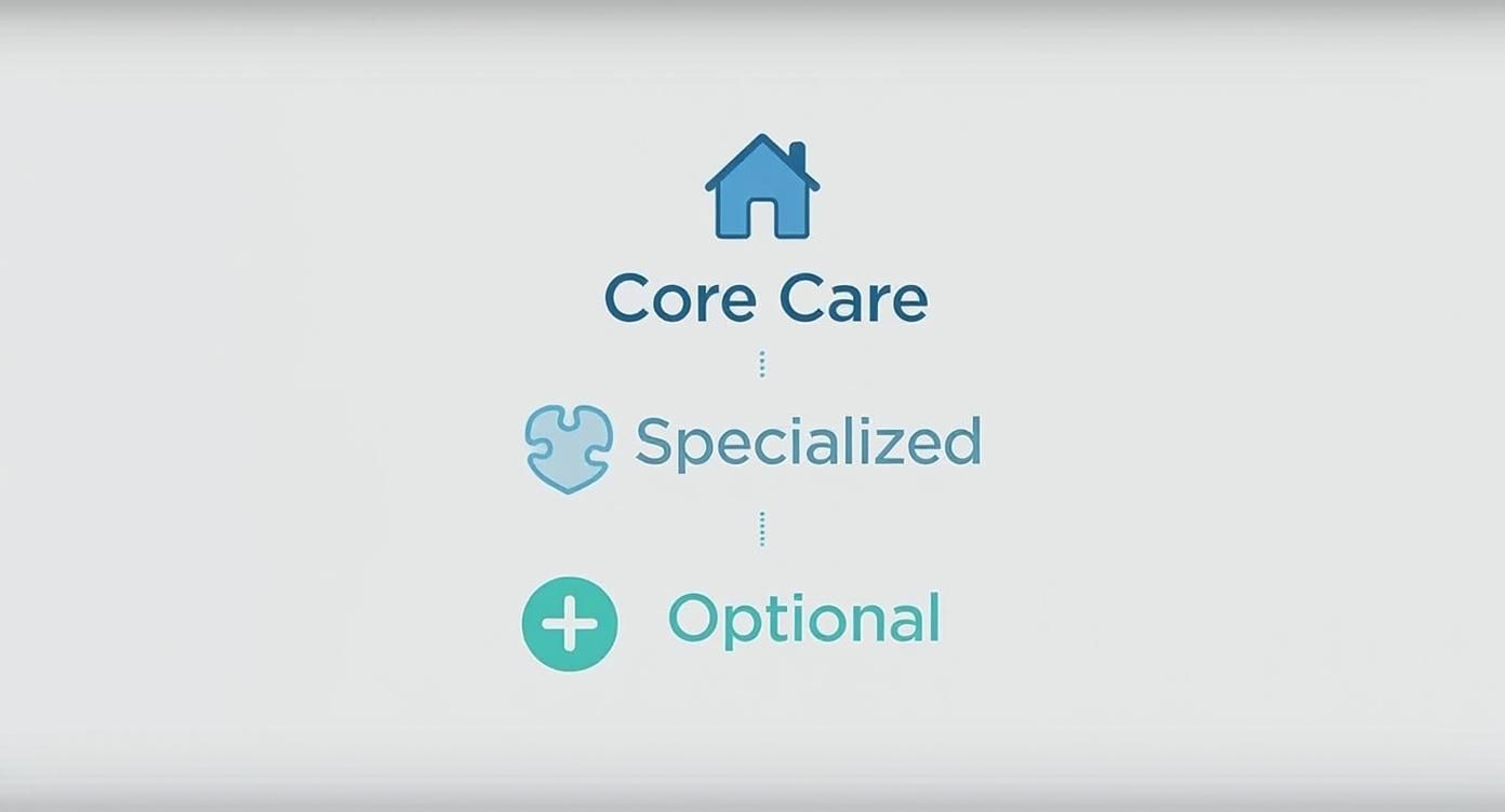 A diagram illustrating a tiered structure of care services: Core Care, Specialized, and Optional, each with an icon.